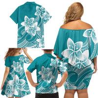Polynesian Plumeria Flowers Tribal Family Matching Off Shoulder Short Dress and Hawaiian Shirt Pacific Tattoo Teal Style LT9 - Polynesian Pride
