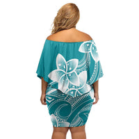 Polynesian Plumeria Flowers Tribal Family Matching Off Shoulder Short Dress and Hawaiian Shirt Pacific Tattoo Teal Style LT9 - Polynesian Pride