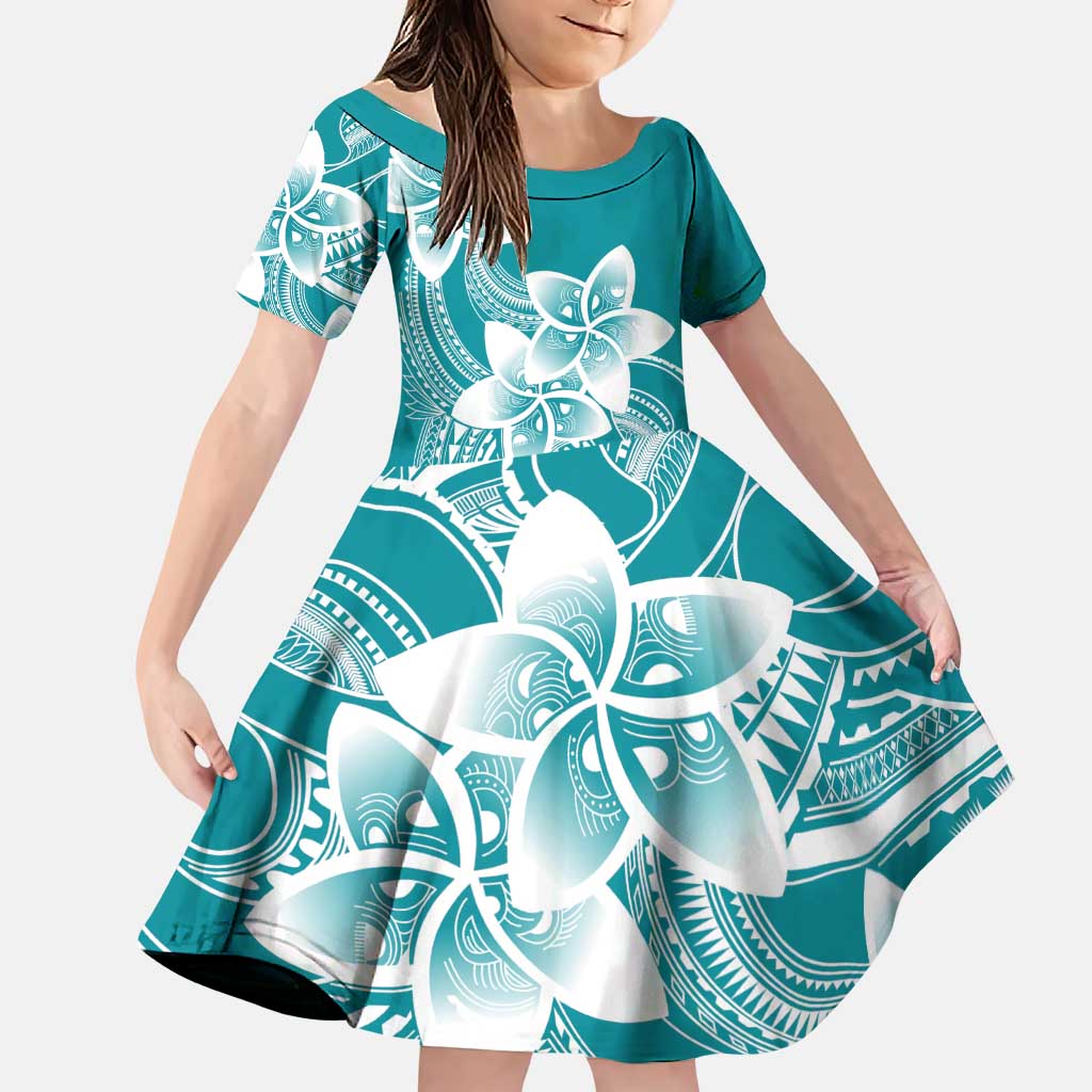 Polynesian Plumeria Flowers Tribal Family Matching Puletasi and Hawaiian Shirt Pacific Tattoo Teal Style LT9 Daughter's Dress Teal - Polynesian Pride