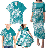 Polynesian Plumeria Flowers Tribal Family Matching Puletasi and Hawaiian Shirt Pacific Tattoo Teal Style LT9 - Polynesian Pride