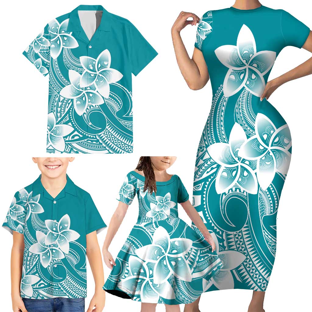 Polynesian Plumeria Flowers Tribal Family Matching Short Sleeve Bodycon Dress and Hawaiian Shirt Pacific Tattoo Teal Style LT9 - Polynesian Pride