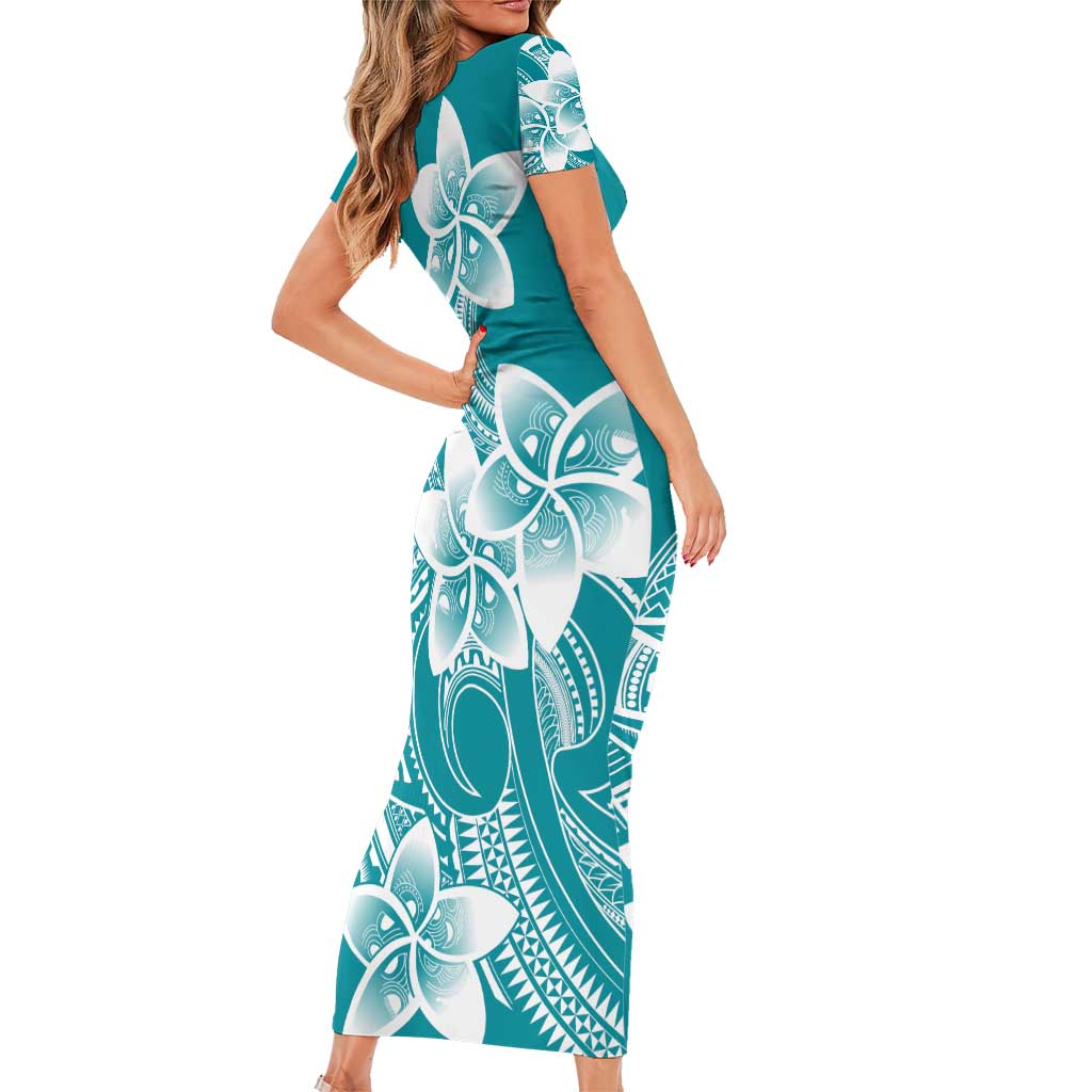 Polynesian Plumeria Flowers Tribal Family Matching Short Sleeve Bodycon Dress and Hawaiian Shirt Pacific Tattoo Teal Style LT9 - Polynesian Pride