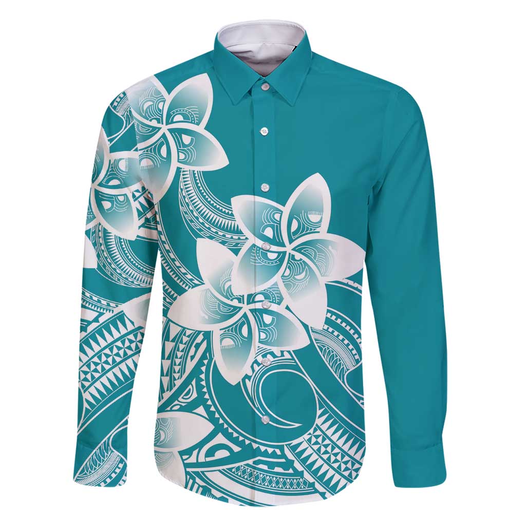 Polynesian Plumeria Flowers Tribal Family Matching Summer Maxi Dress and Hawaiian Shirt Pacific Tattoo Teal Style LT9 Dad's Shirt - Long Sleeve Teal - Polynesian Pride