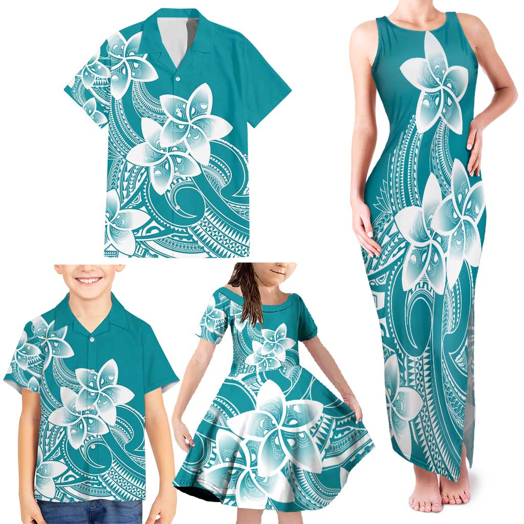 Polynesian Plumeria Flowers Tribal Family Matching Tank Maxi Dress and Hawaiian Shirt Pacific Tattoo Teal Style LT9 - Polynesian Pride