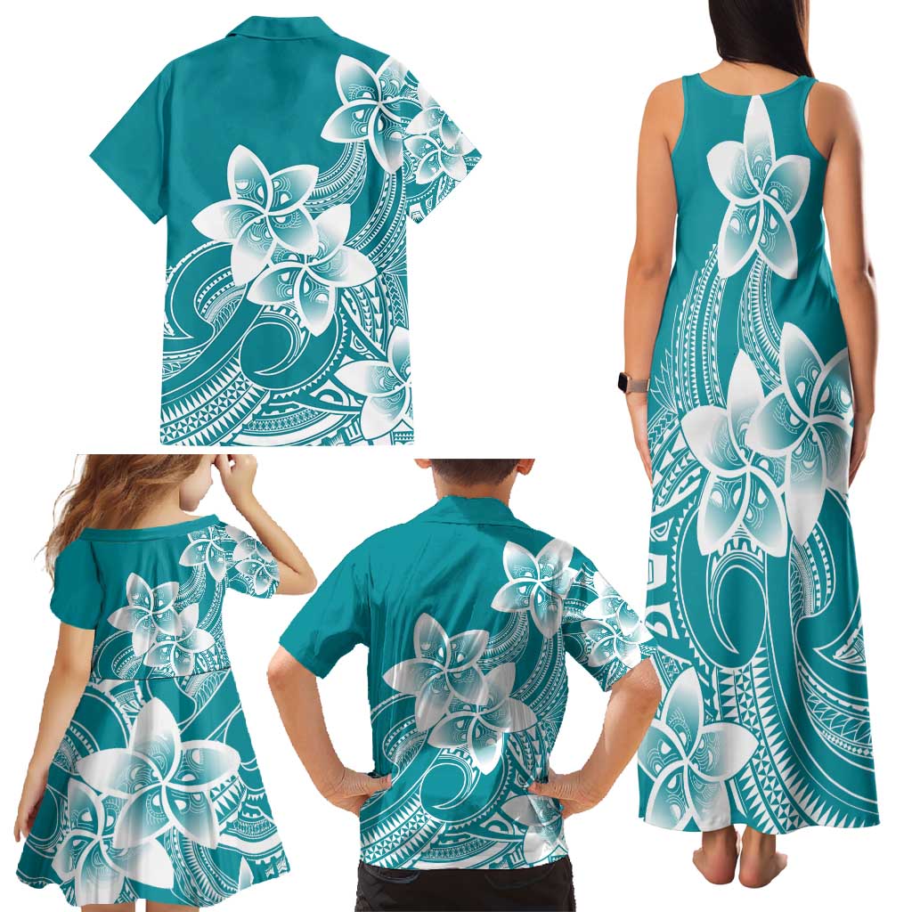 Polynesian Plumeria Flowers Tribal Family Matching Tank Maxi Dress and Hawaiian Shirt Pacific Tattoo Teal Style LT9 - Polynesian Pride