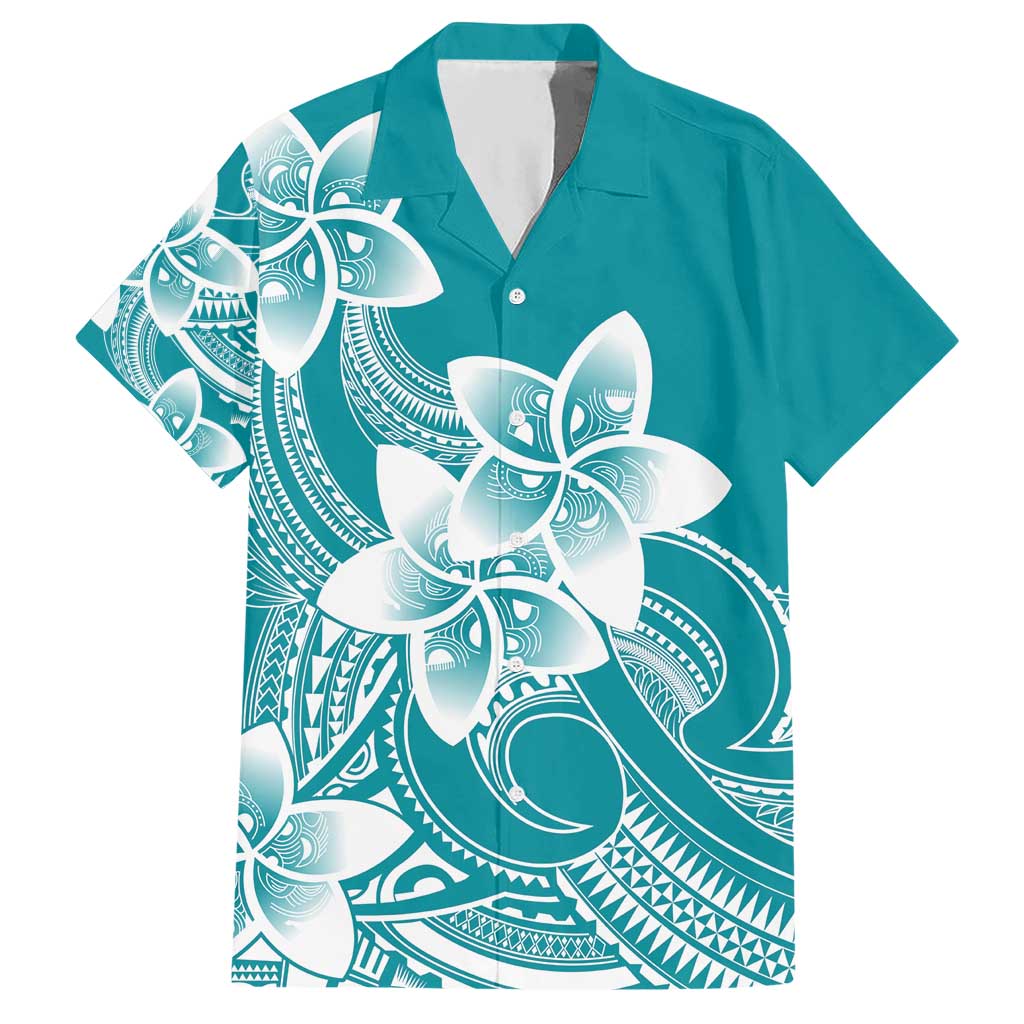 Polynesian Plumeria Flowers Tribal Hawaiian Shirt Pacific Tattoo Teal Style - Polynesian Pride