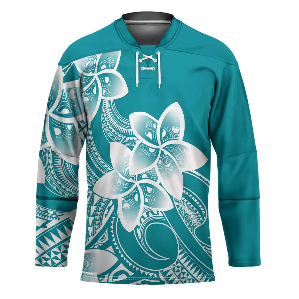 Polynesian Plumeria Flowers Tribal Hockey Jersey Pacific Tattoo Teal Style - Polynesian Pride