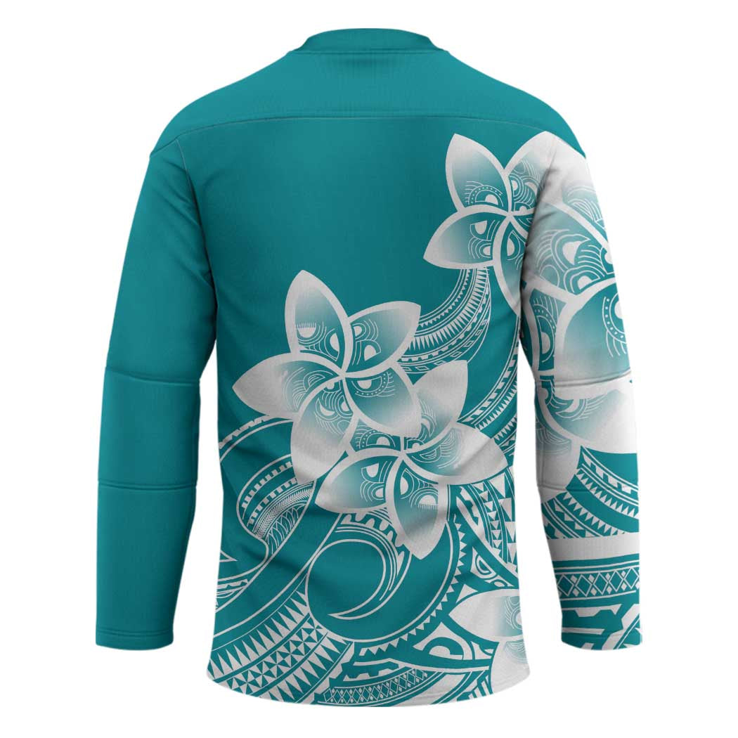Polynesian Plumeria Flowers Tribal Hockey Jersey Pacific Tattoo Teal Style - Polynesian Pride