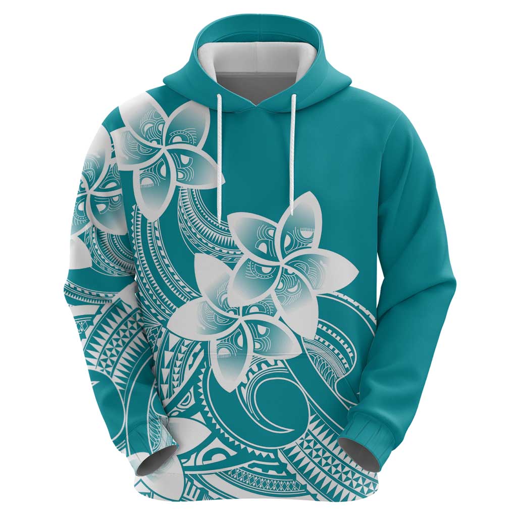 Polynesian Plumeria Flowers Tribal Hoodie Pacific Tattoo Teal Style - Polynesian Pride