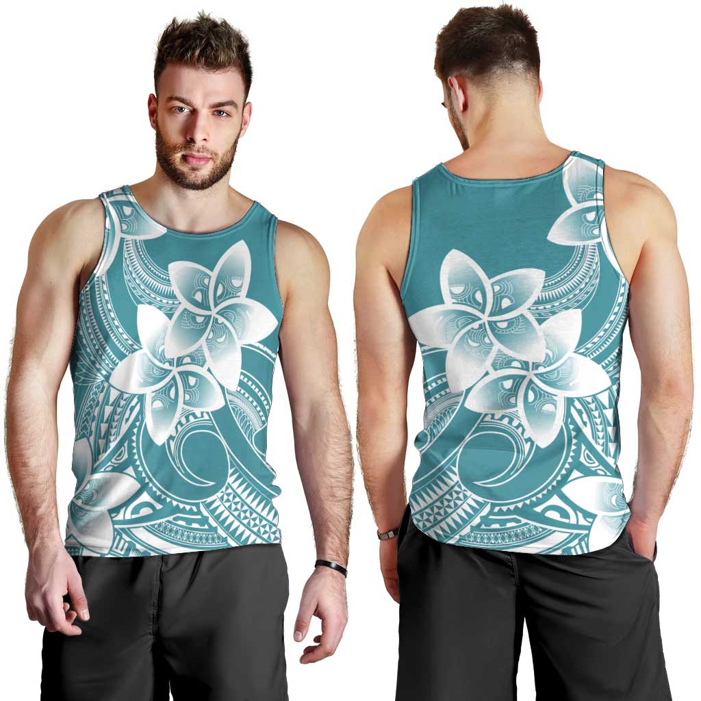 Polynesian Plumeria Flowers Tribal Men Tank Top Pacific Tattoo Teal Style - Polynesian Pride