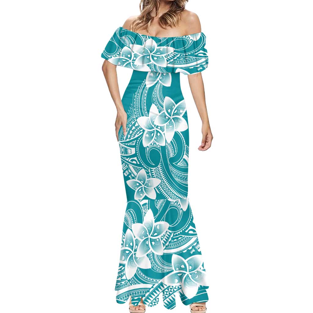 Polynesian Plumeria Flowers Tribal Mermaid Dress Pacific Tattoo Teal Style - Polynesian Pride