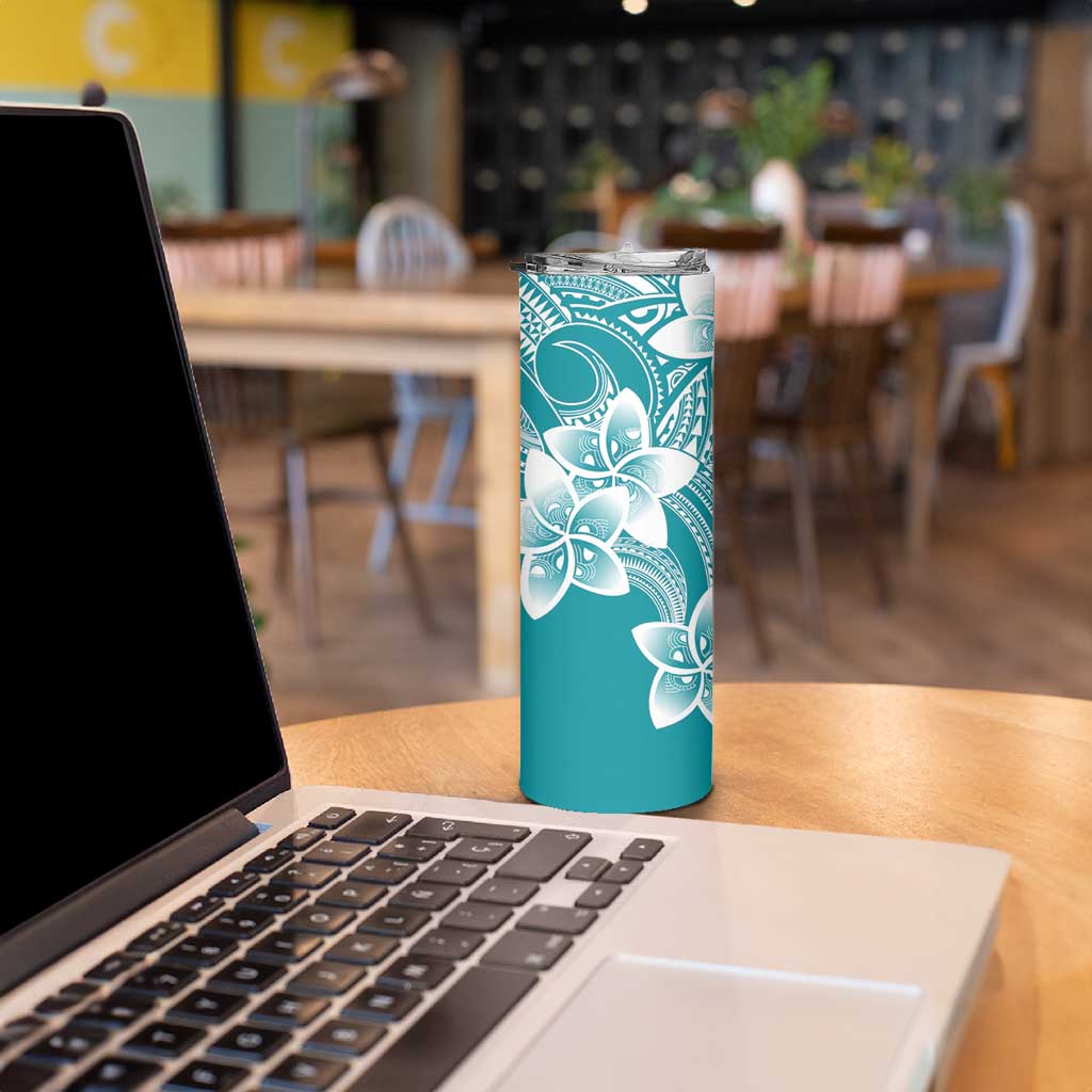 Polynesian Plumeria Flowers Tribal Skinny Tumbler Pacific Tattoo Teal Style - Polynesian Pride