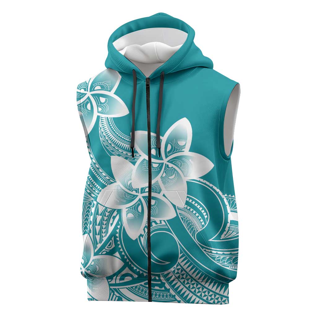 Polynesian Plumeria Flowers Tribal Sleeveless Zip Hoodie Pacific Tattoo Teal Style - Polynesian Pride