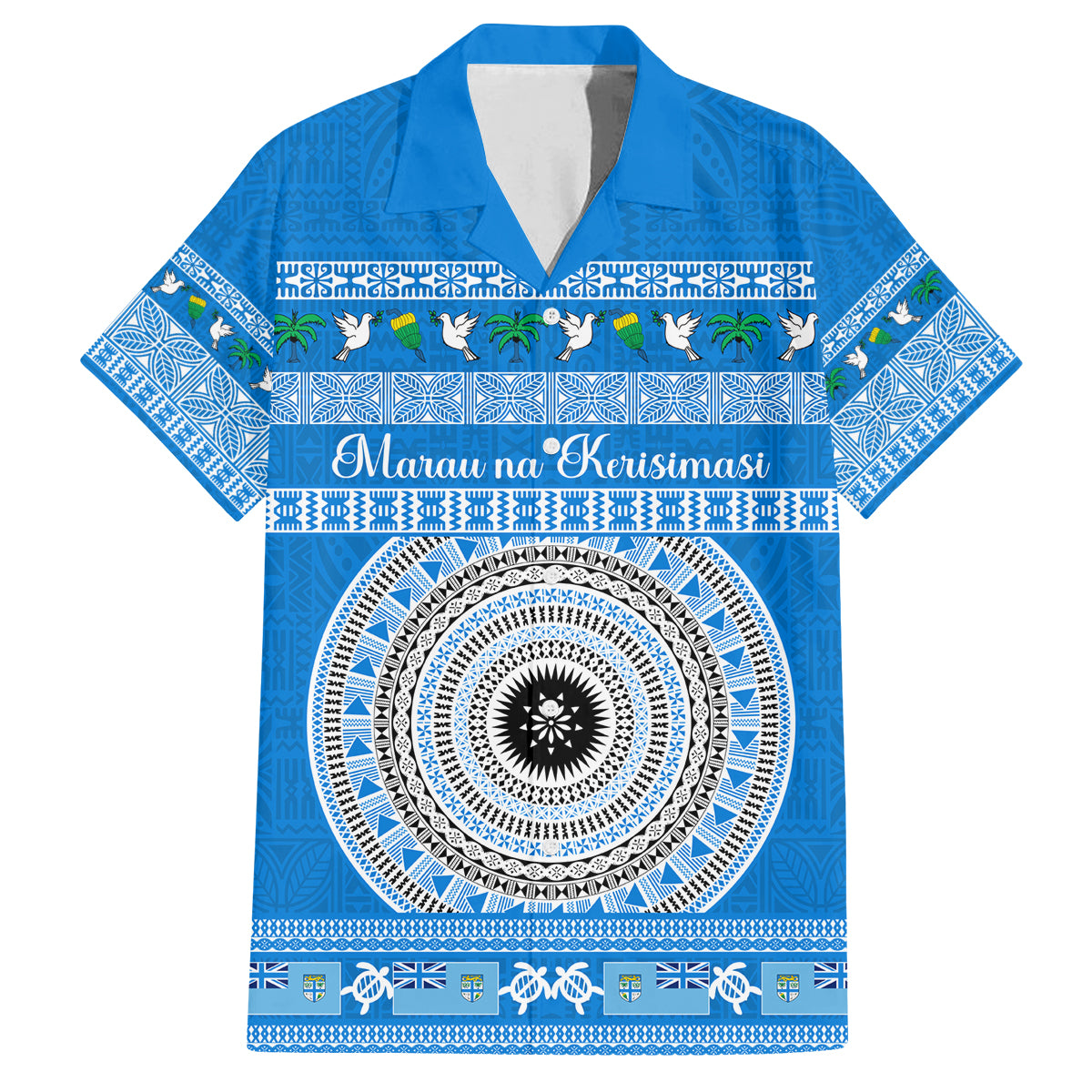 Personalised Fiji Marau Na Kerisimasi Family Matching Off Shoulder Maxi Dress and Hawaiian Shirt Merry Christmas Tapa Pattern Blue Style LT9 Dad's Shirt - Short Sleeve Red - Polynesian Pride