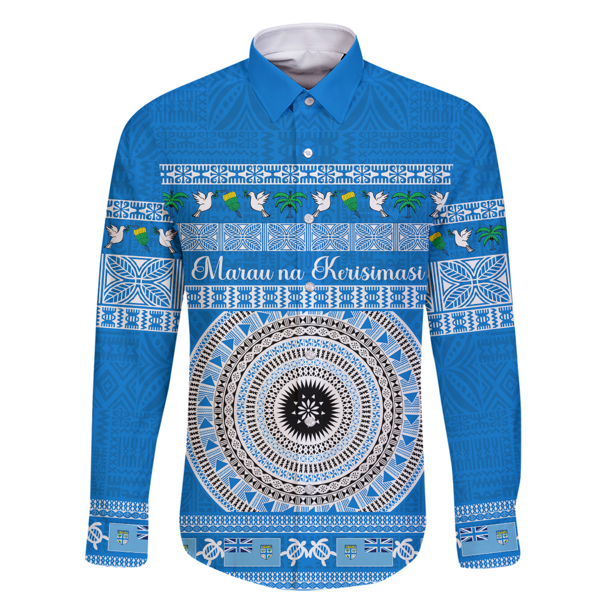 Personalised Fiji Marau Na Kerisimasi Family Matching Off Shoulder Maxi Dress and Hawaiian Shirt Merry Christmas Tapa Pattern Blue Style LT9 Dad's Shirt - Long Sleeve Red - Polynesian Pride