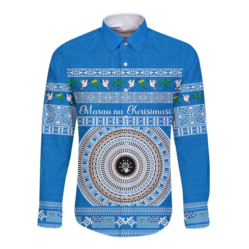 Personalised Fiji Marau Na Kerisimasi Long Sleeve Button Shirt Merry Christmas Tapa Pattern Blue Style LT9 Unisex Red - Polynesian Pride