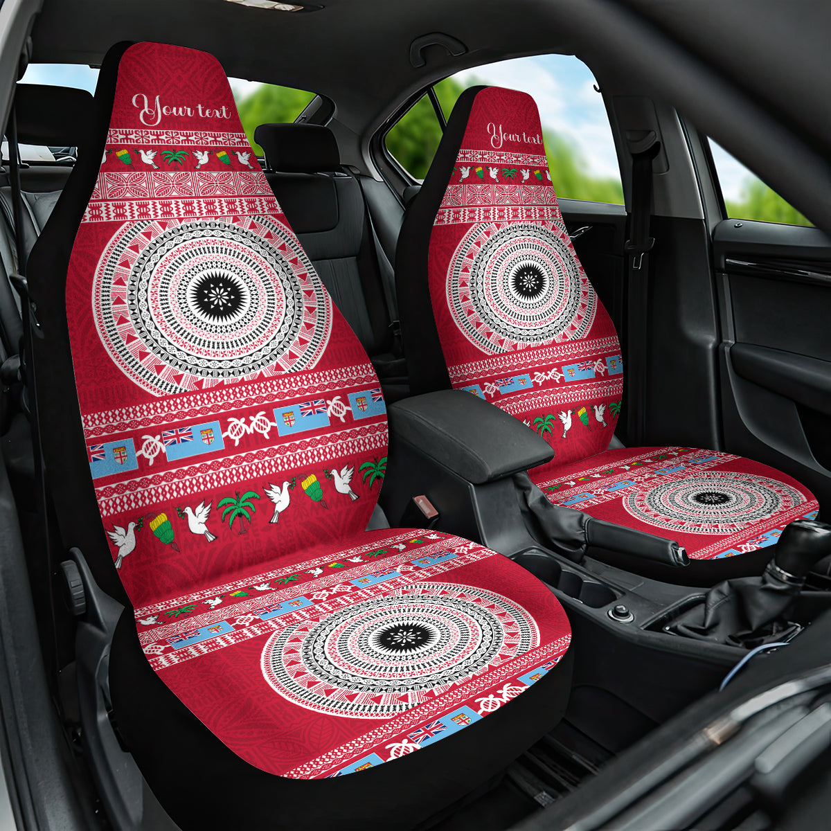 Personalised Fiji Marau Na Kerisimasi Car Seat Cover Merry Christmas Tapa Pattern Red Style LT9 One Size Red - Polynesian Pride