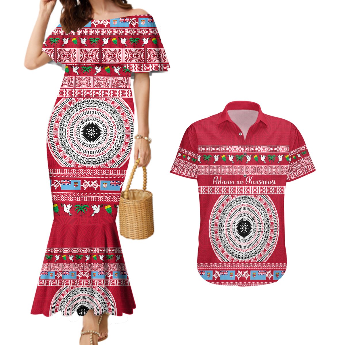 Personalised Fiji Marau Na Kerisimasi Couples Matching Mermaid Dress and Hawaiian Shirt Merry Christmas Tapa Pattern Red Style LT9 Red - Polynesian Pride
