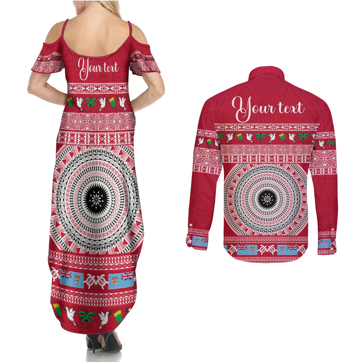 Personalised Fiji Marau Na Kerisimasi Couples Matching Summer Maxi Dress and Long Sleeve Button Shirt Merry Christmas Tapa Pattern Red Style LT9 - Polynesian Pride