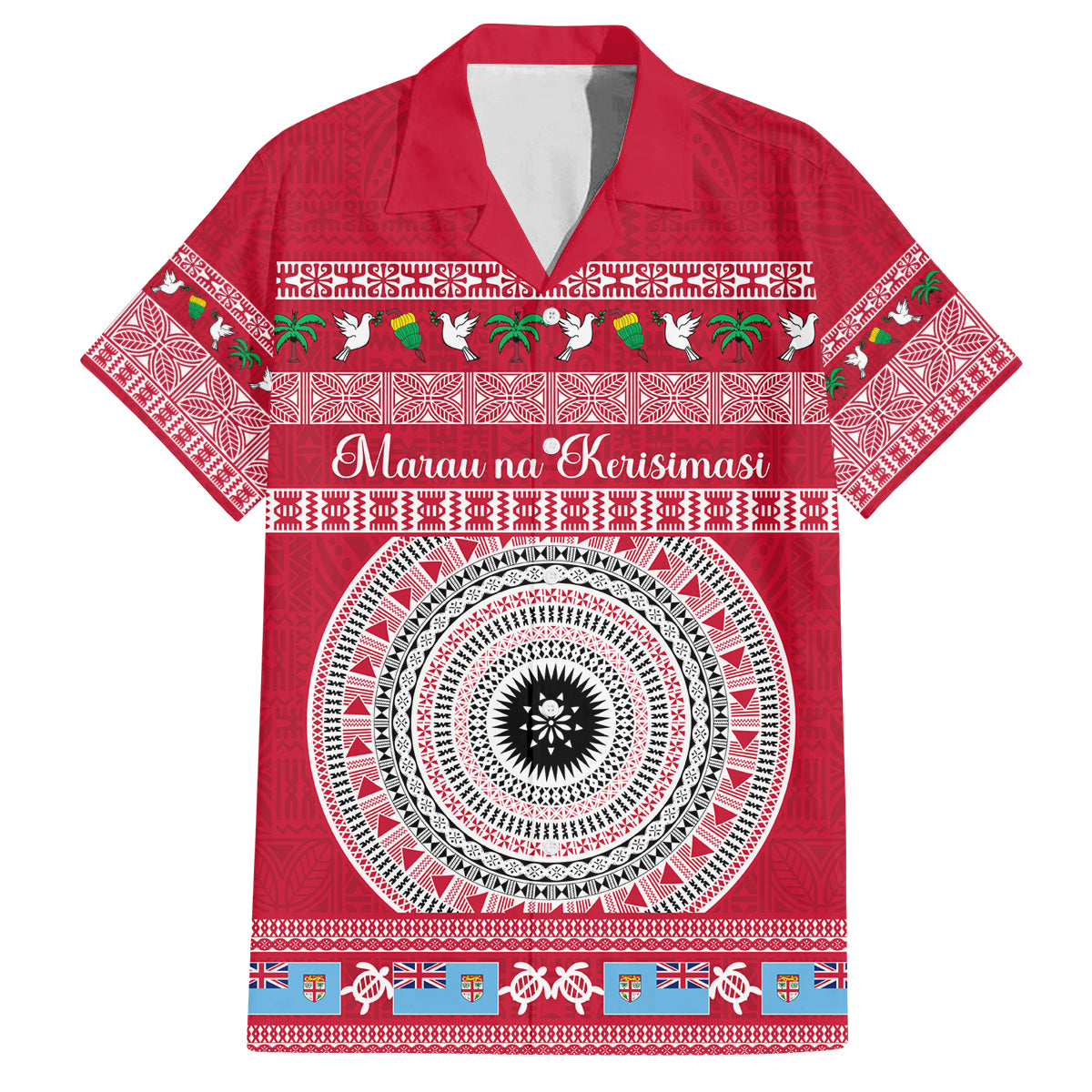 Personalised Fiji Marau Na Kerisimasi Family Matching Off Shoulder Maxi Dress and Hawaiian Shirt Merry Christmas Tapa Pattern Red Style LT9 Dad's Shirt - Short Sleeve Red - Polynesian Pride
