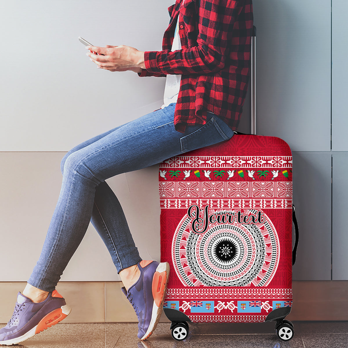 Personalised Fiji Marau Na Kerisimasi Luggage Cover Merry Christmas Tapa Pattern Red Style LT9 - Polynesian Pride