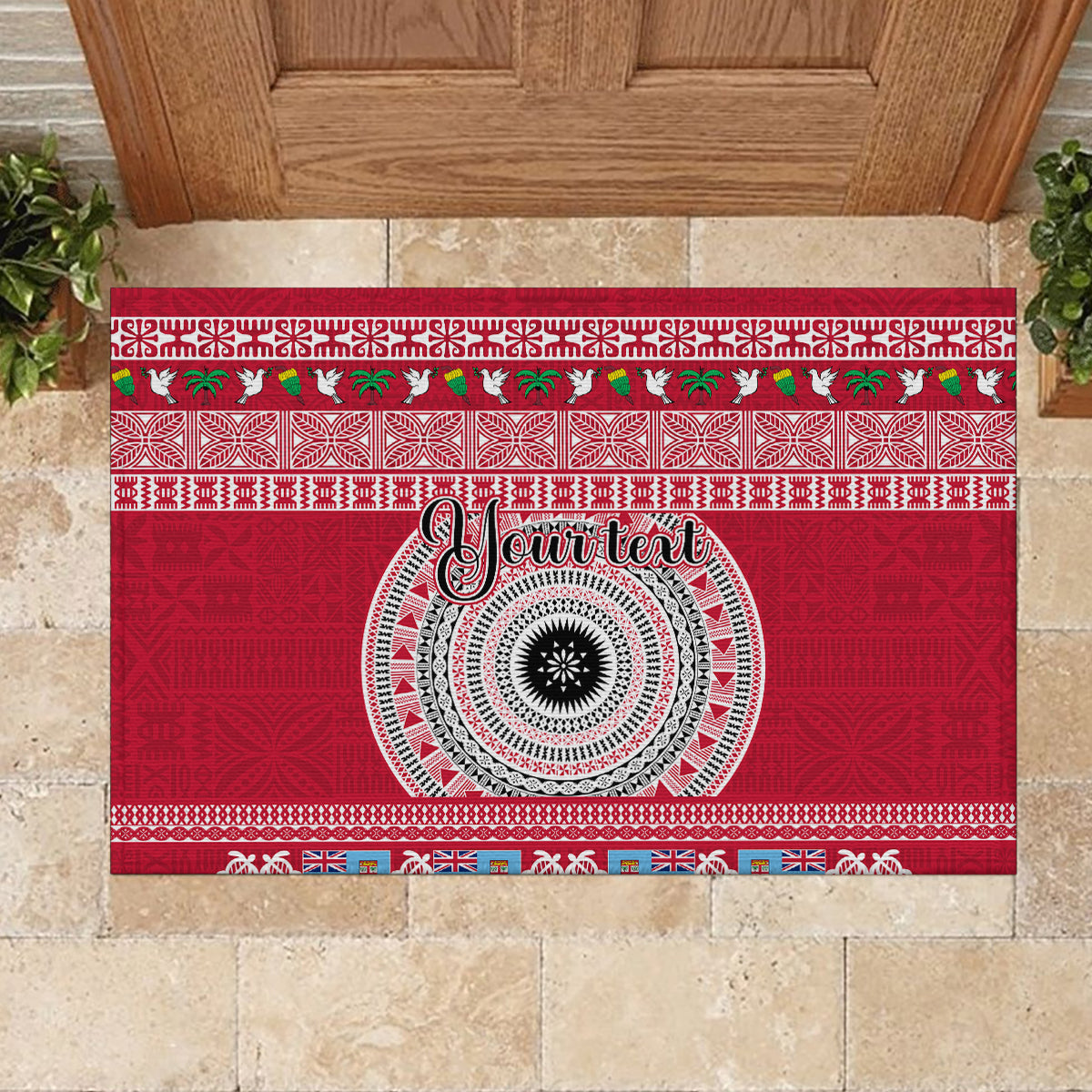 Personalised Fiji Marau Na Kerisimasi Rubber Doormat Merry Christmas Tapa Pattern Red Style LT9 - Polynesian Pride
