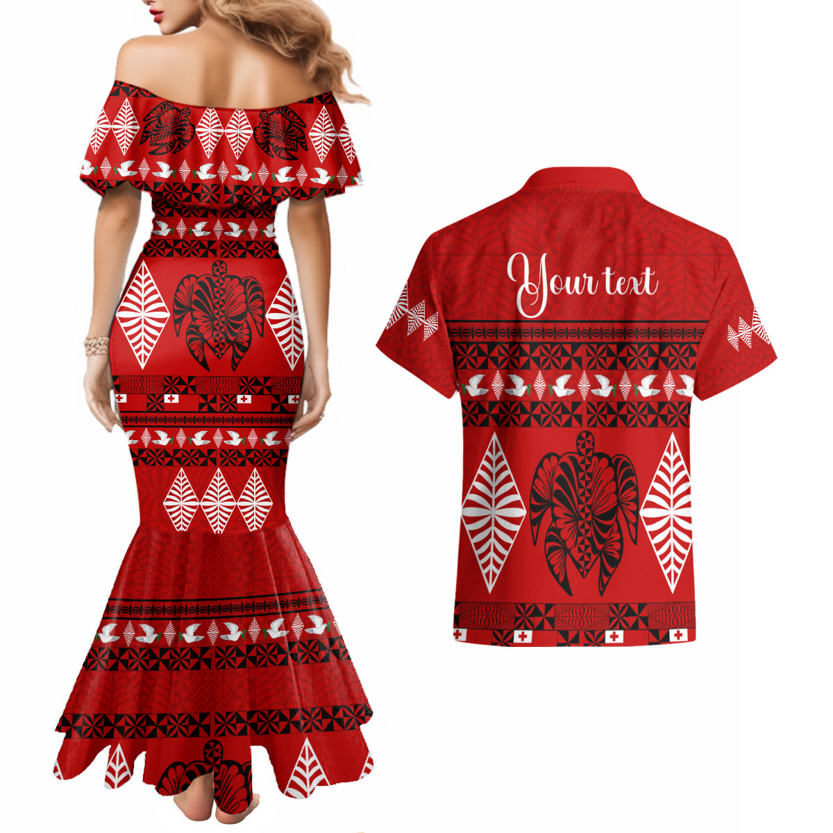 Personalised Tonga Kilisimasi Fiefia Couples Matching Mermaid Dress and Hawaiian Shirt Merry Christmas with Turtle Ngatu Pattern LT9 - Polynesian Pride