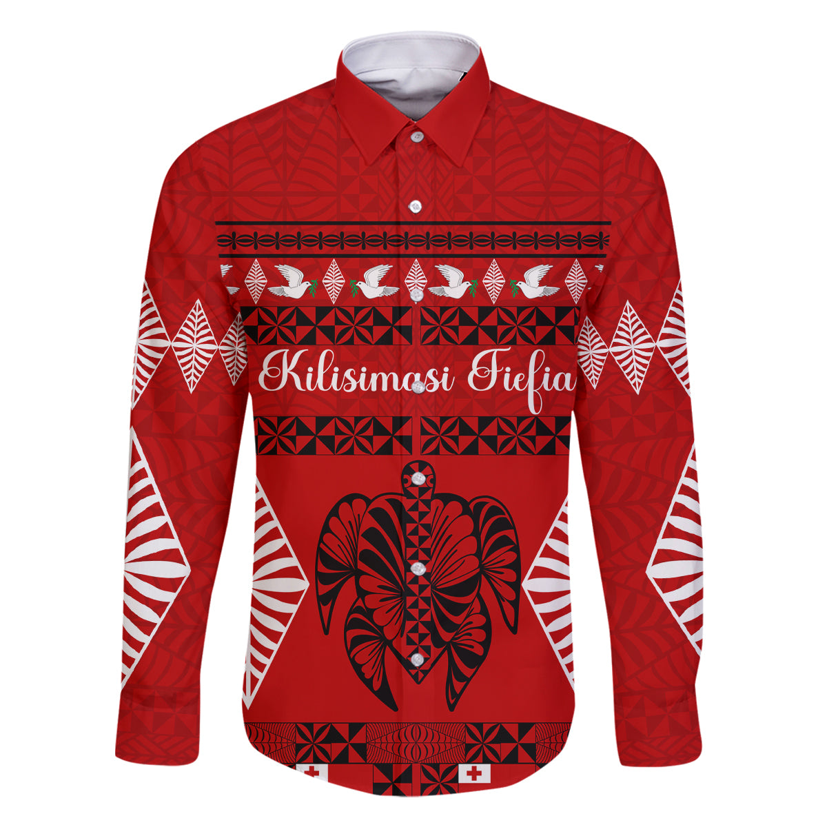 Personalised Tonga Kilisimasi Fiefia Family Matching Off Shoulder Maxi Dress and Hawaiian Shirt Merry Christmas with Turtle Ngatu Pattern LT9 Dad's Shirt - Long Sleeve Red - Polynesian Pride