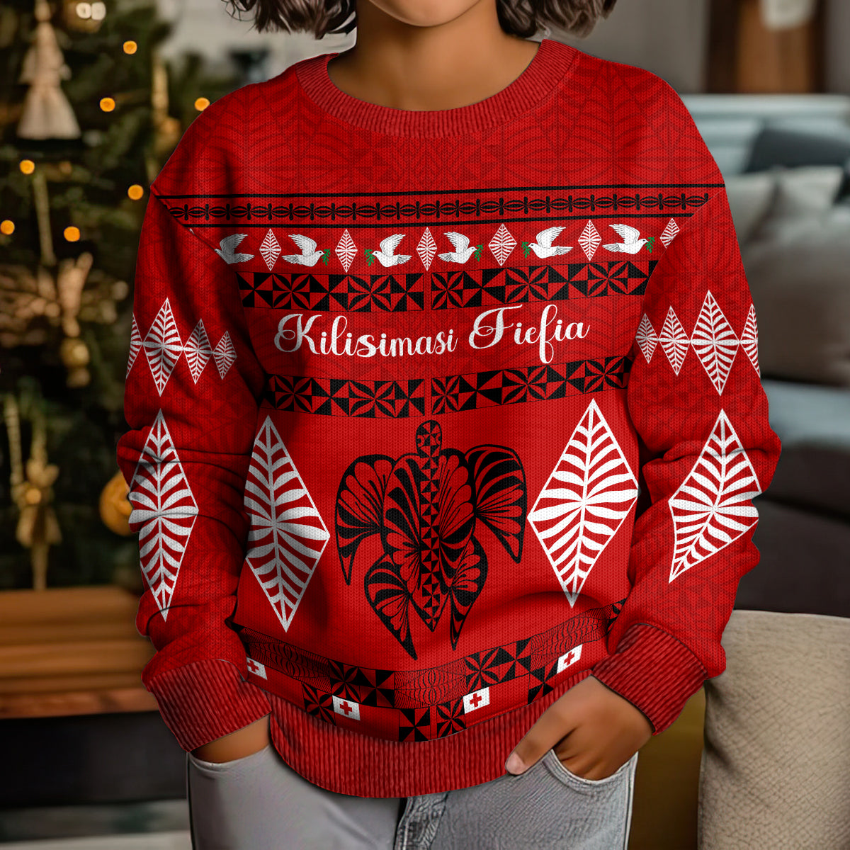 Personalised Tonga Kilisimasi Fiefia Kid Ugly Christmas Sweater Merry Christmas with Turtle Ngatu Pattern LT9 - Polynesian Pride