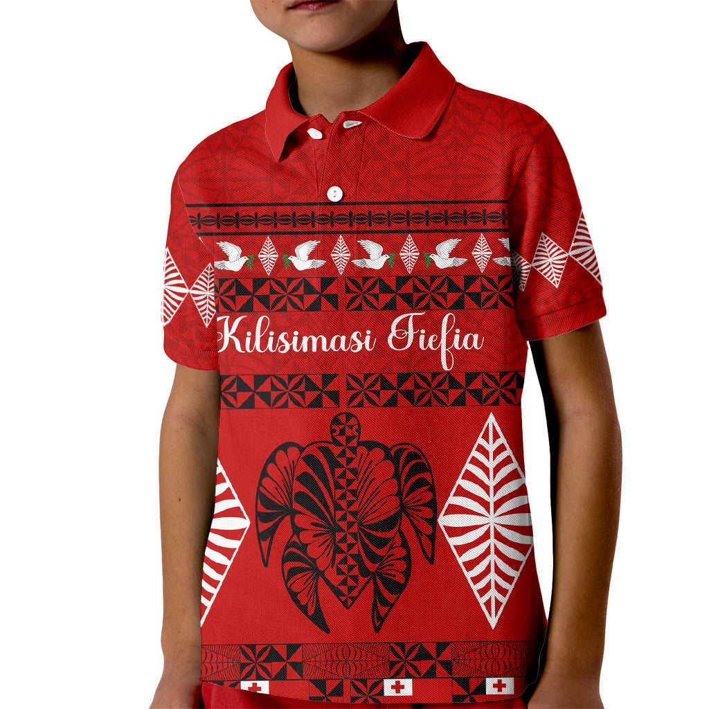 Personalised Tonga Kilisimasi Fiefia Kid Polo Shirt Merry Christmas with Turtle Ngatu Pattern LT9 Kid Red - Polynesian Pride