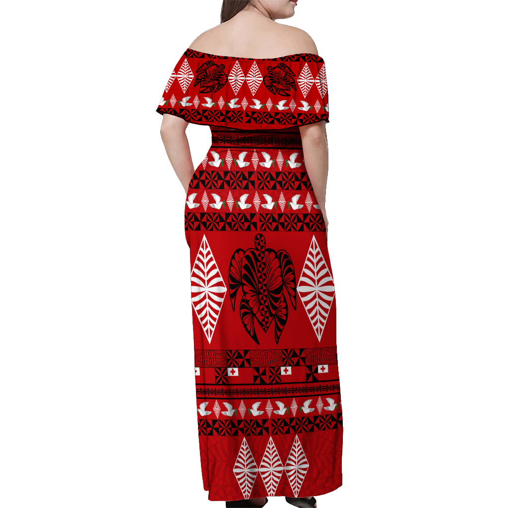 Personalised Tonga Kilisimasi Fiefia Off Shoulder Maxi Dress Merry Christmas with Turtle Ngatu Pattern LT9 - Polynesian Pride