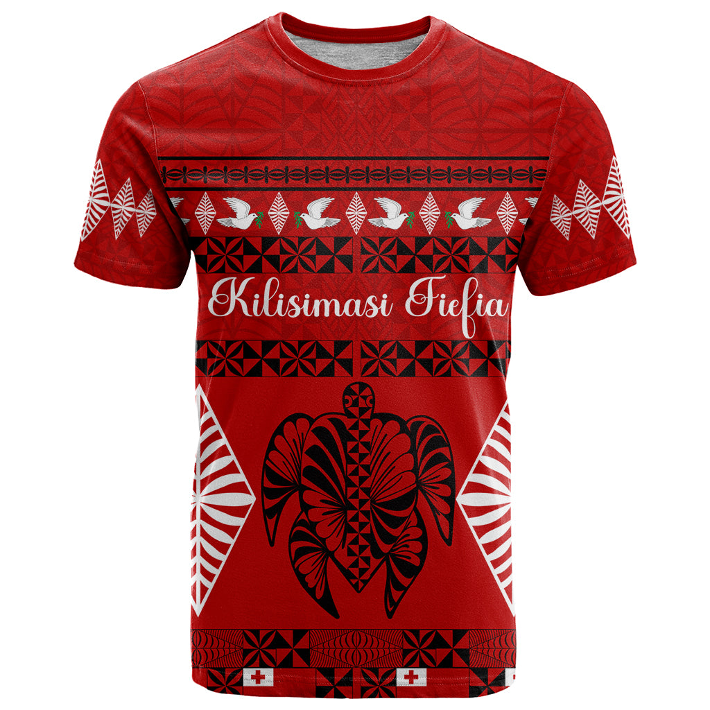 Personalised Tonga Kilisimasi Fiefia T Shirt Merry Christmas with Turtle Ngatu Pattern LT9 Red - Polynesian Pride