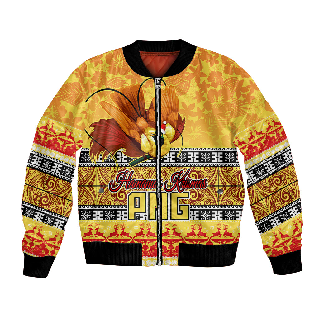 PNG Hamamas Krismas Bomber Jacket Papua New Guinea Bird Of Paradise Merry Christmas Gold Style LT9 Unisex Gold - Polynesian Pride