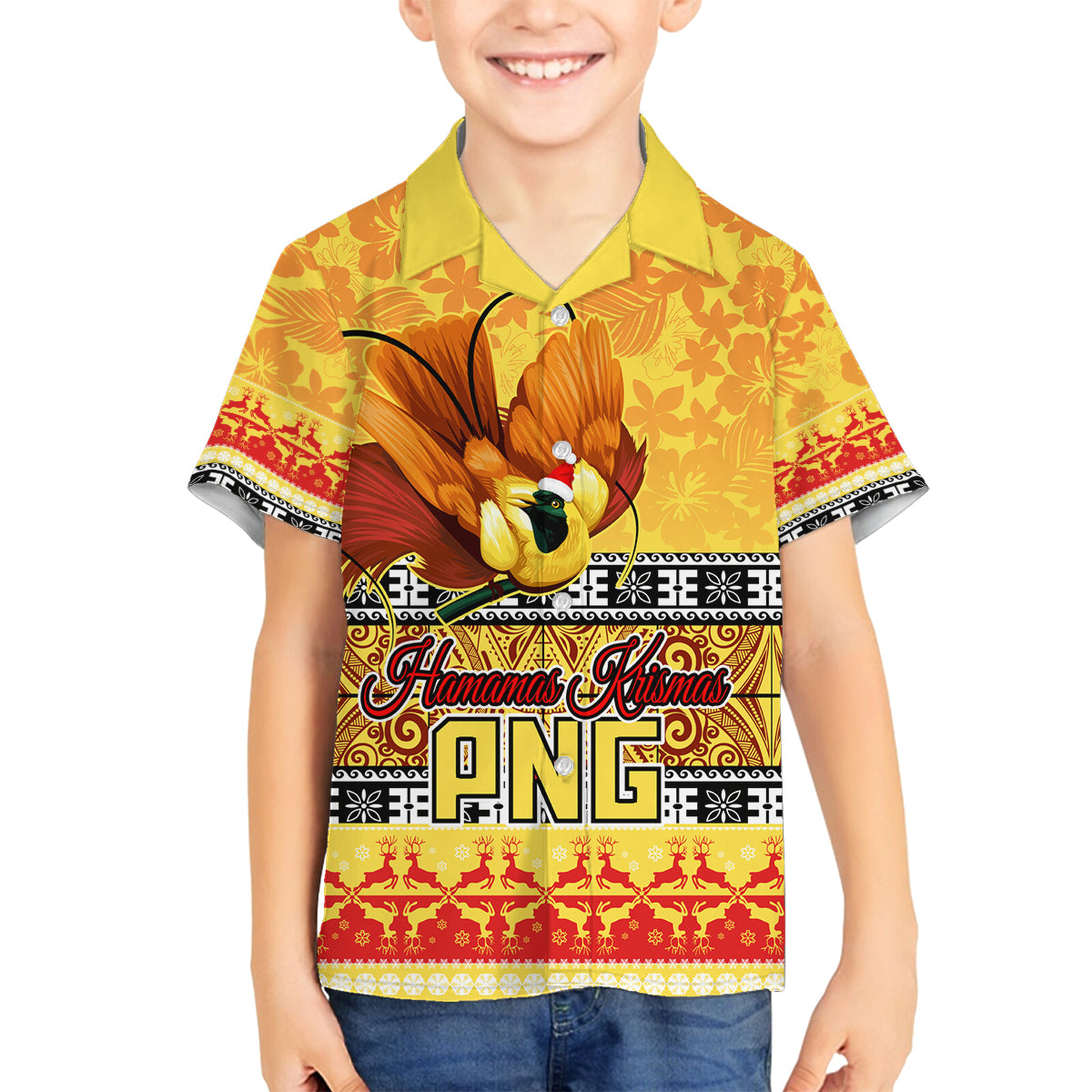 PNG Hamamas Krismas Family Matching Off Shoulder Long Sleeve Dress and Hawaiian Shirt Papua New Guinea Bird Of Paradise Merry Christmas Gold Style LT9 Son's Shirt Gold - Polynesian Pride