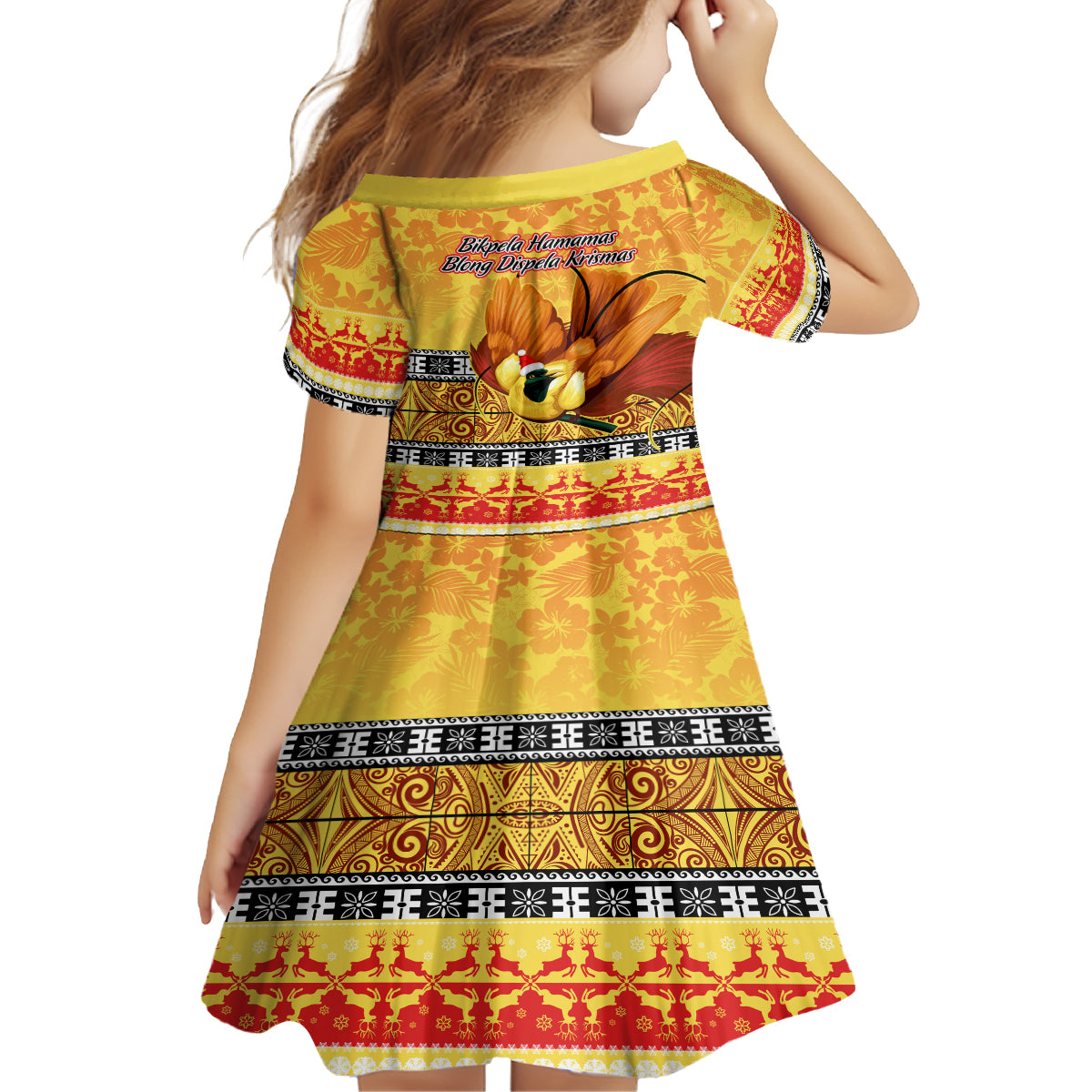 PNG Hamamas Krismas Kid Short Sleeve Dress Papua New Guinea Bird Of Paradise Merry Christmas Gold Style LT9 - Polynesian Pride