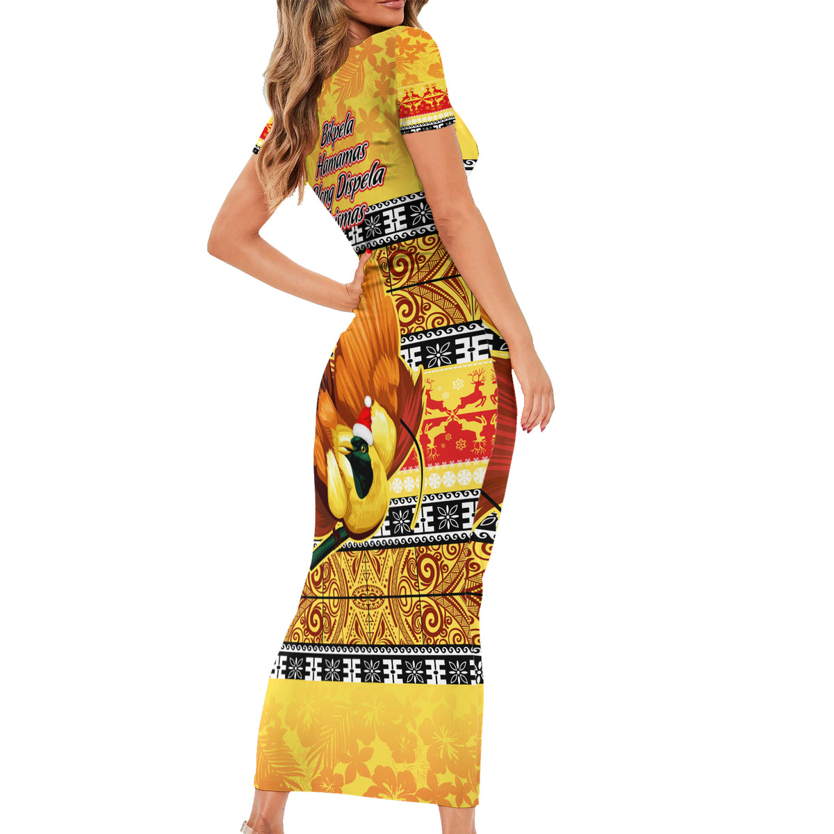 PNG Hamamas Krismas Short Sleeve Bodycon Dress Papua New Guinea Bird Of Paradise Merry Christmas Gold Style LT9 - Polynesian Pride