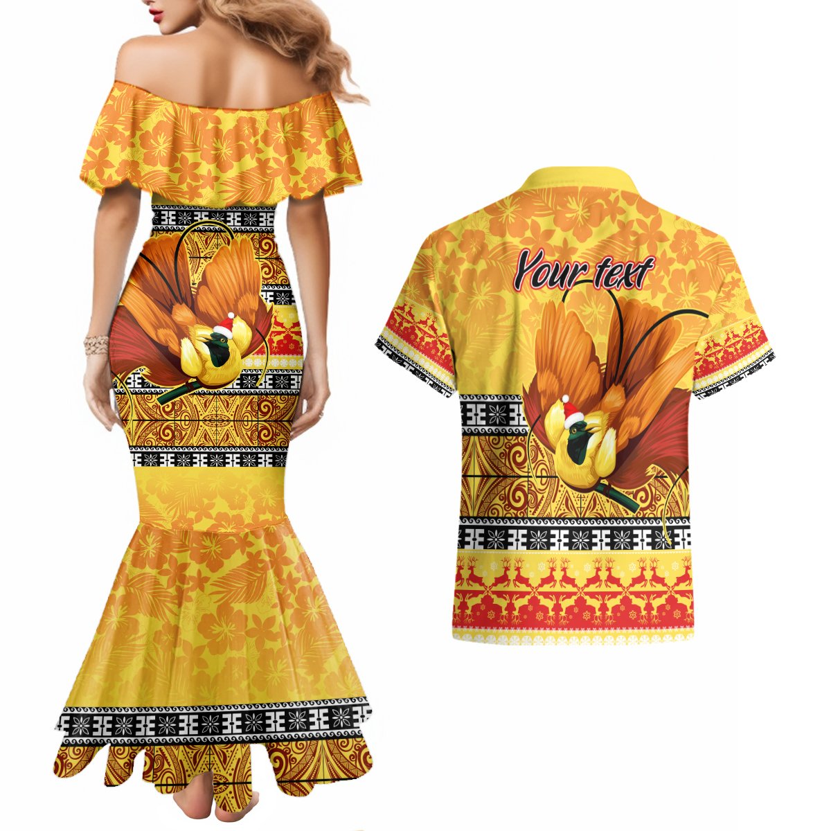 Personalised PNG Hamamas Krismas Couples Matching Mermaid Dress and Hawaiian Shirt Papua New Guinea Bird Of Paradise Merry Christmas Gold Style LT9 - Polynesian Pride
