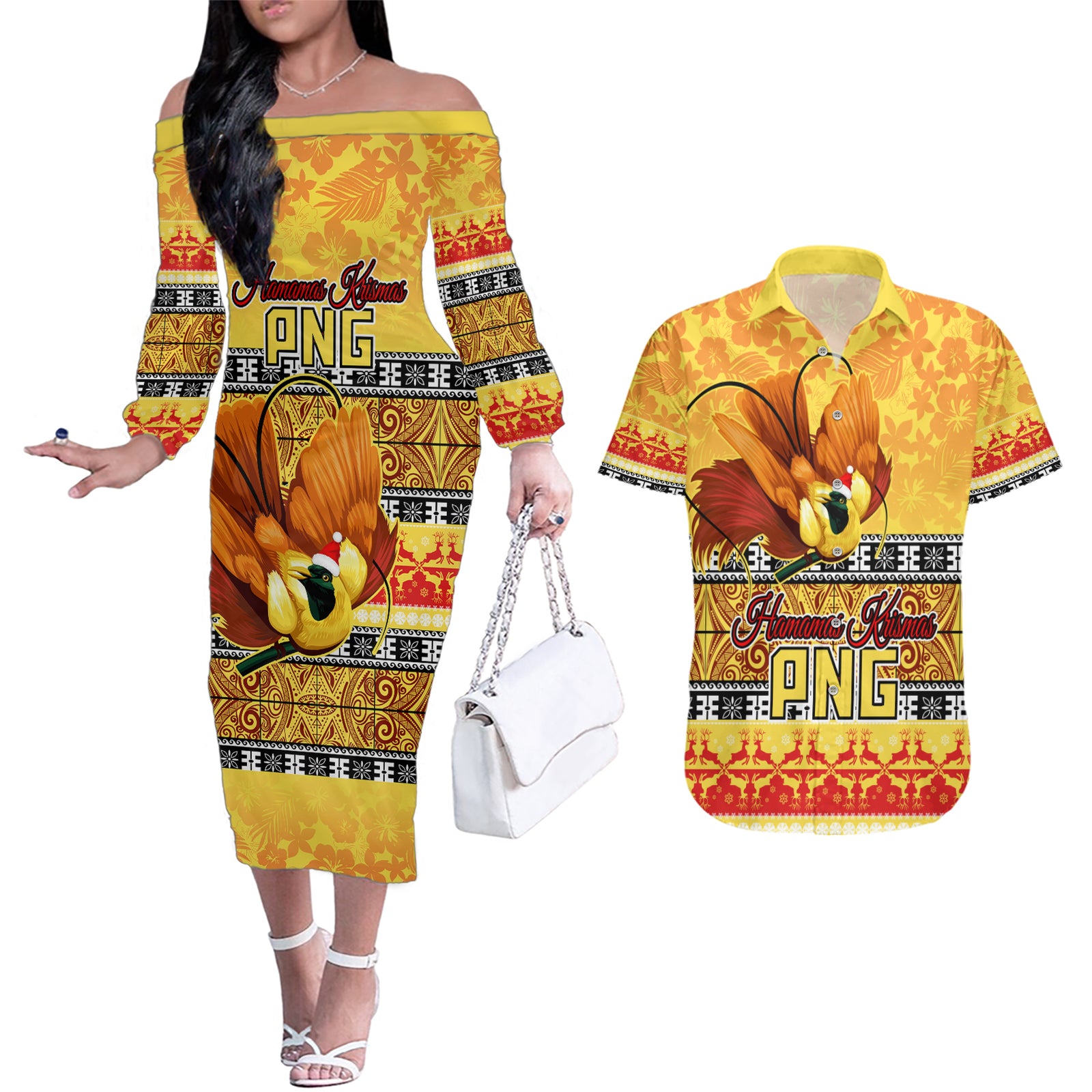 Personalised PNG Hamamas Krismas Couples Matching Off The Shoulder Long Sleeve Dress and Hawaiian Shirt Papua New Guinea Bird Of Paradise Merry Christmas Gold Style LT9 Gold - Polynesian Pride