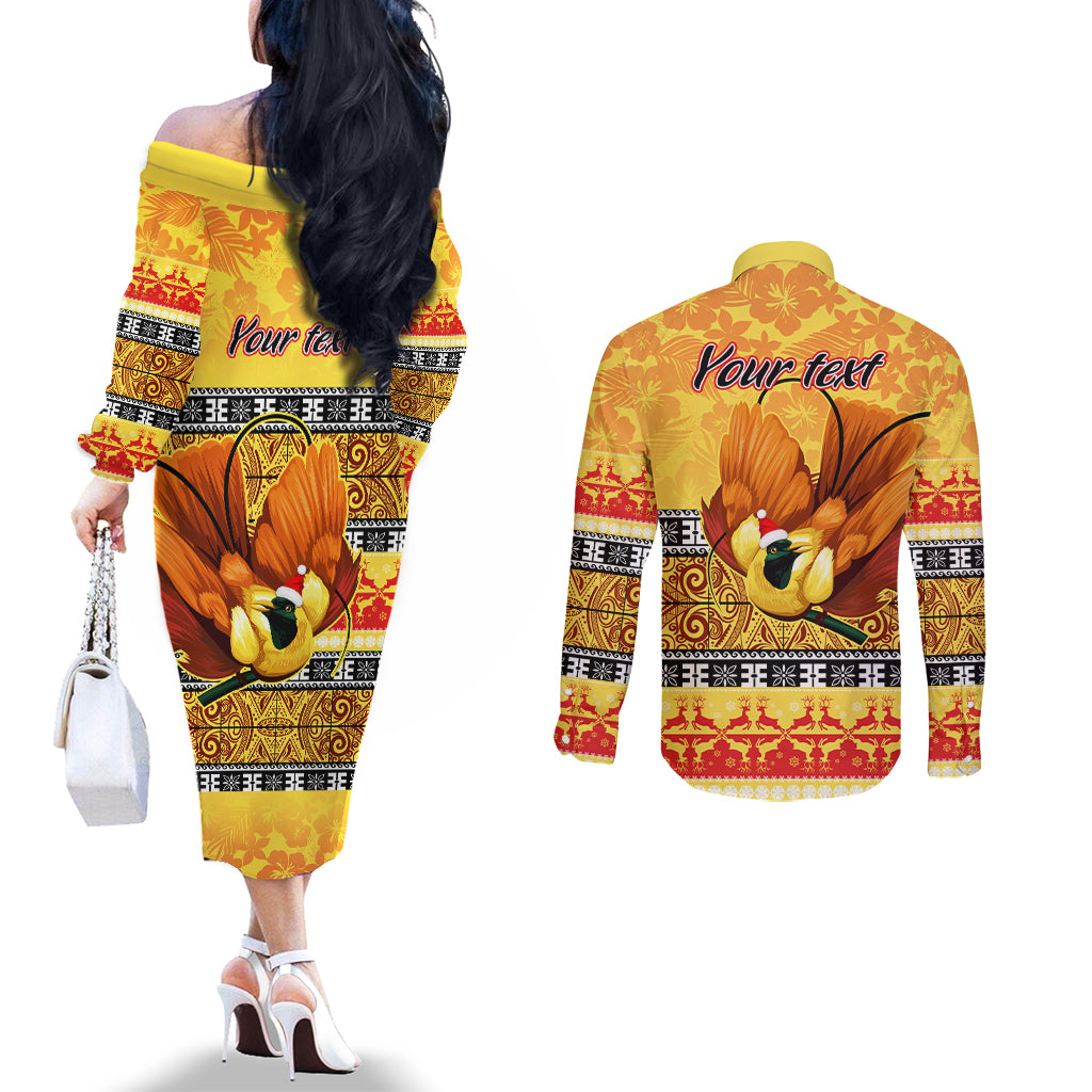 Personalised PNG Hamamas Krismas Couples Matching Off The Shoulder Long Sleeve Dress and Long Sleeve Button Shirt Papua New Guinea Bird Of Paradise Merry Christmas Gold Style LT9 - Polynesian Pride