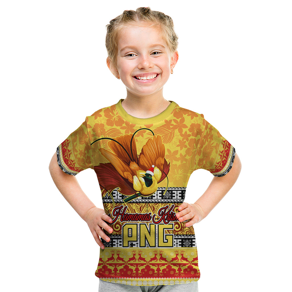 Personalised PNG Hamamas Krismas Kid T Shirt Papua New Guinea Bird Of Paradise Merry Christmas Gold Style LT9 Gold - Polynesian Pride