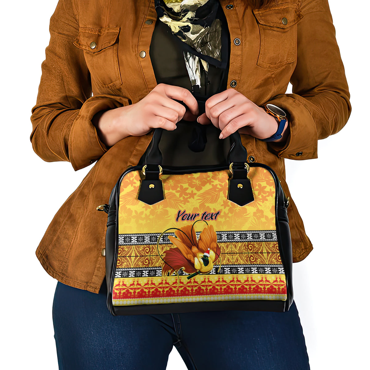 Personalised PNG Hamamas Krismas Shoulder Handbag Papua New Guinea Bird Of Paradise Merry Christmas Gold Style LT9 - Polynesian Pride