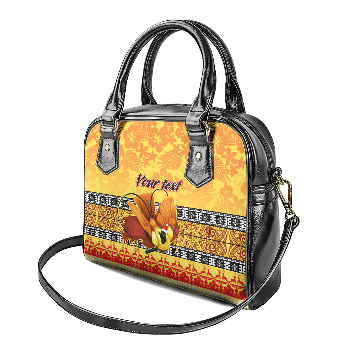 Personalised PNG Hamamas Krismas Shoulder Handbag Papua New Guinea Bird Of Paradise Merry Christmas Gold Style LT9 - Polynesian Pride