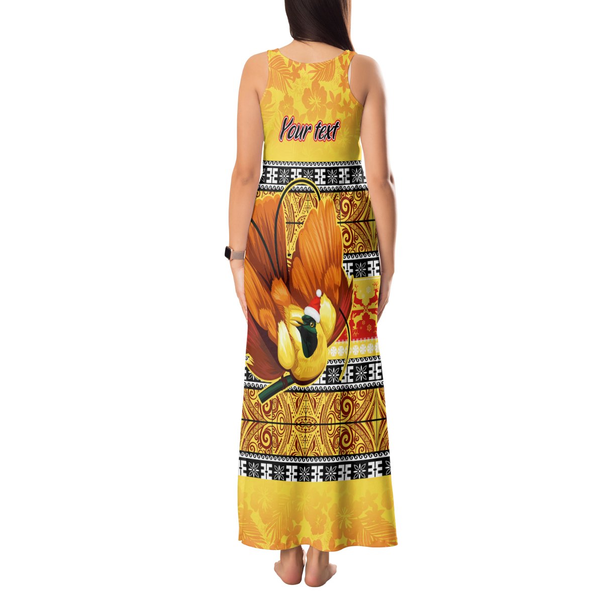 Personalised PNG Hamamas Krismas Tank Maxi Dress Papua New Guinea Bird Of Paradise Merry Christmas Gold Style LT9 - Polynesian Pride