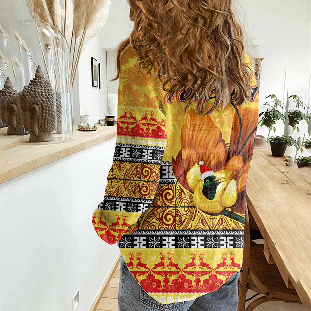 Personalised PNG Hamamas Krismas Women Casual Shirt Papua New Guinea Bird Of Paradise Merry Christmas Gold Style LT9 - Polynesian Pride