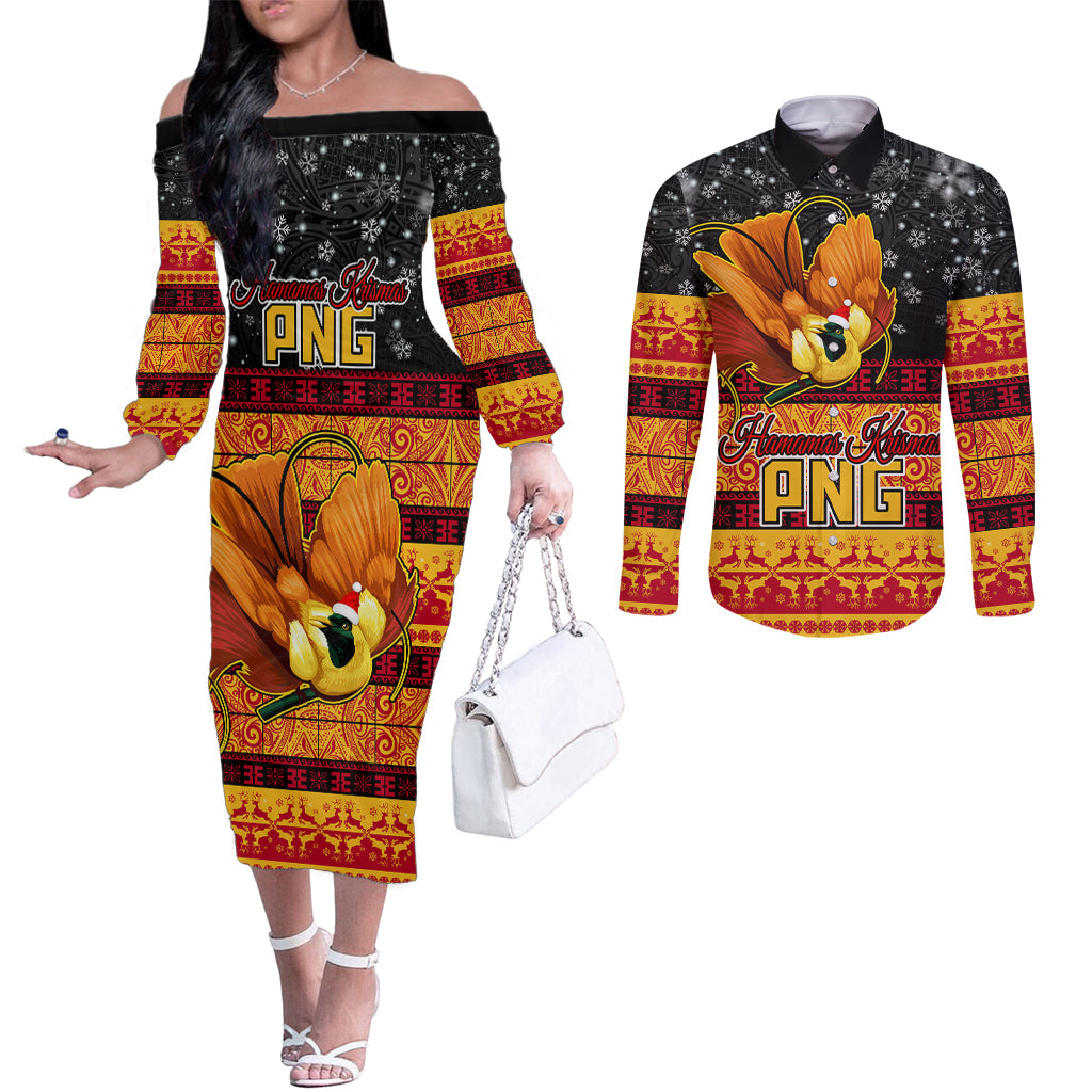 PNG Hamamas Krismas Couples Matching Off The Shoulder Long Sleeve Dress and Long Sleeve Button Shirt Papua New Guinea Bird Of Paradise Merry Christmas Black Style LT9 Black - Polynesian Pride