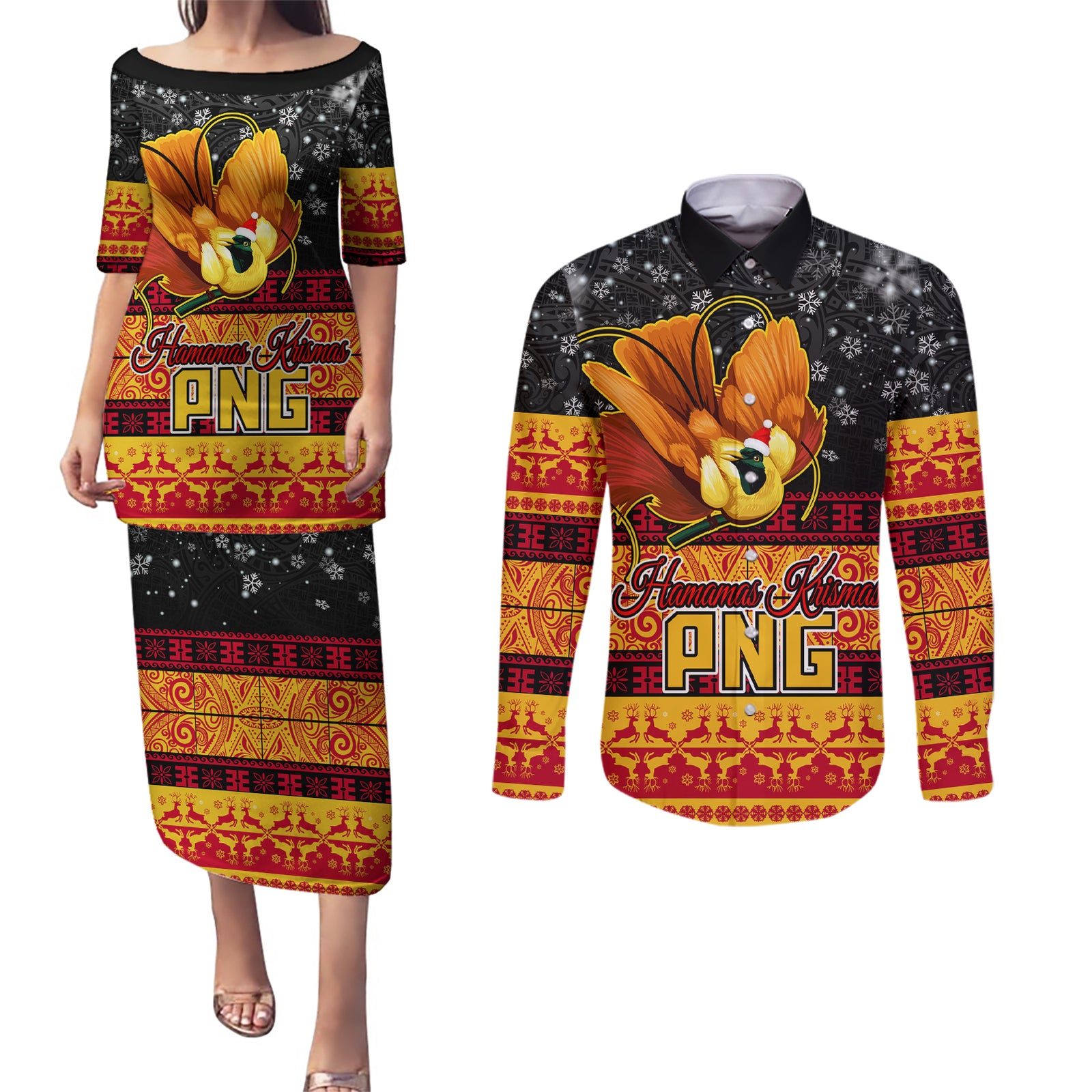 PNG Hamamas Krismas Couples Matching Puletasi Dress and Long Sleeve Button Shirt Papua New Guinea Bird Of Paradise Merry Christmas Black Style LT9 Black - Polynesian Pride
