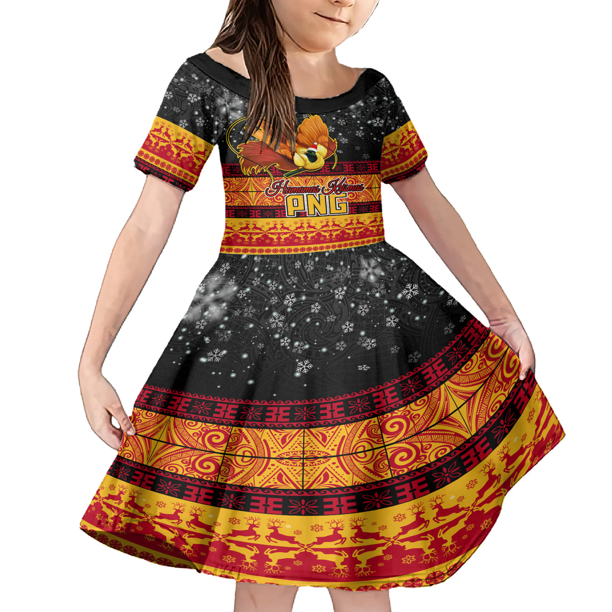 PNG Hamamas Krismas Family Matching Short Sleeve Bodycon Dress and Hawaiian Shirt Papua New Guinea Bird Of Paradise Merry Christmas Black Style LT9 Daughter's Dress Black - Polynesian Pride