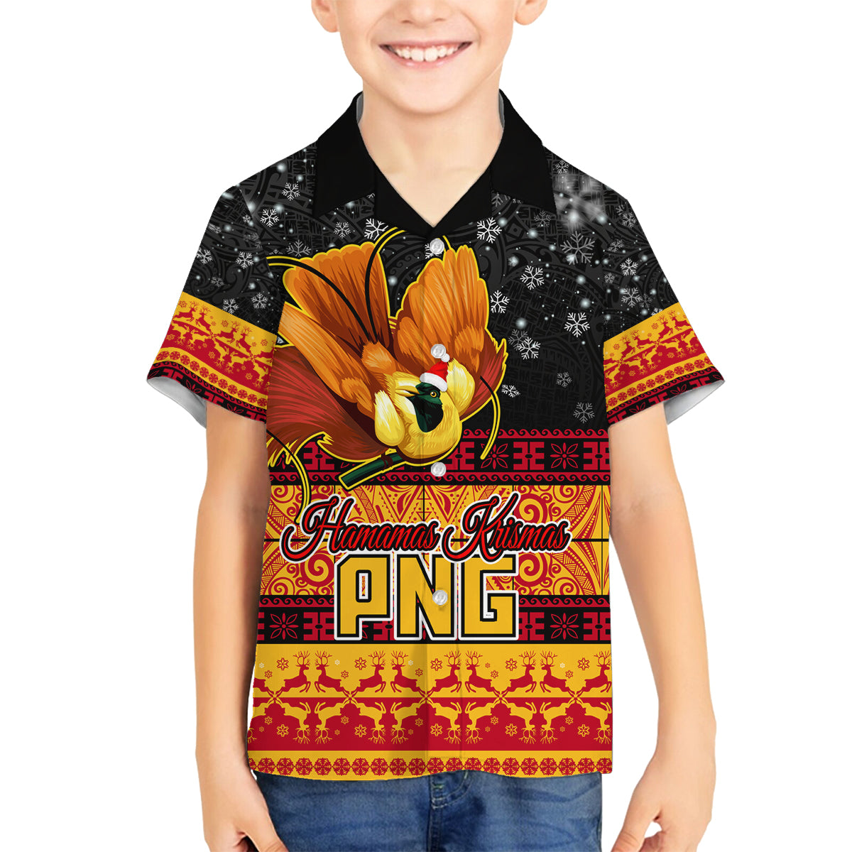 PNG Hamamas Krismas Family Matching Tank Maxi Dress and Hawaiian Shirt Papua New Guinea Bird Of Paradise Merry Christmas Black Style LT9 Son's Shirt Black - Polynesian Pride