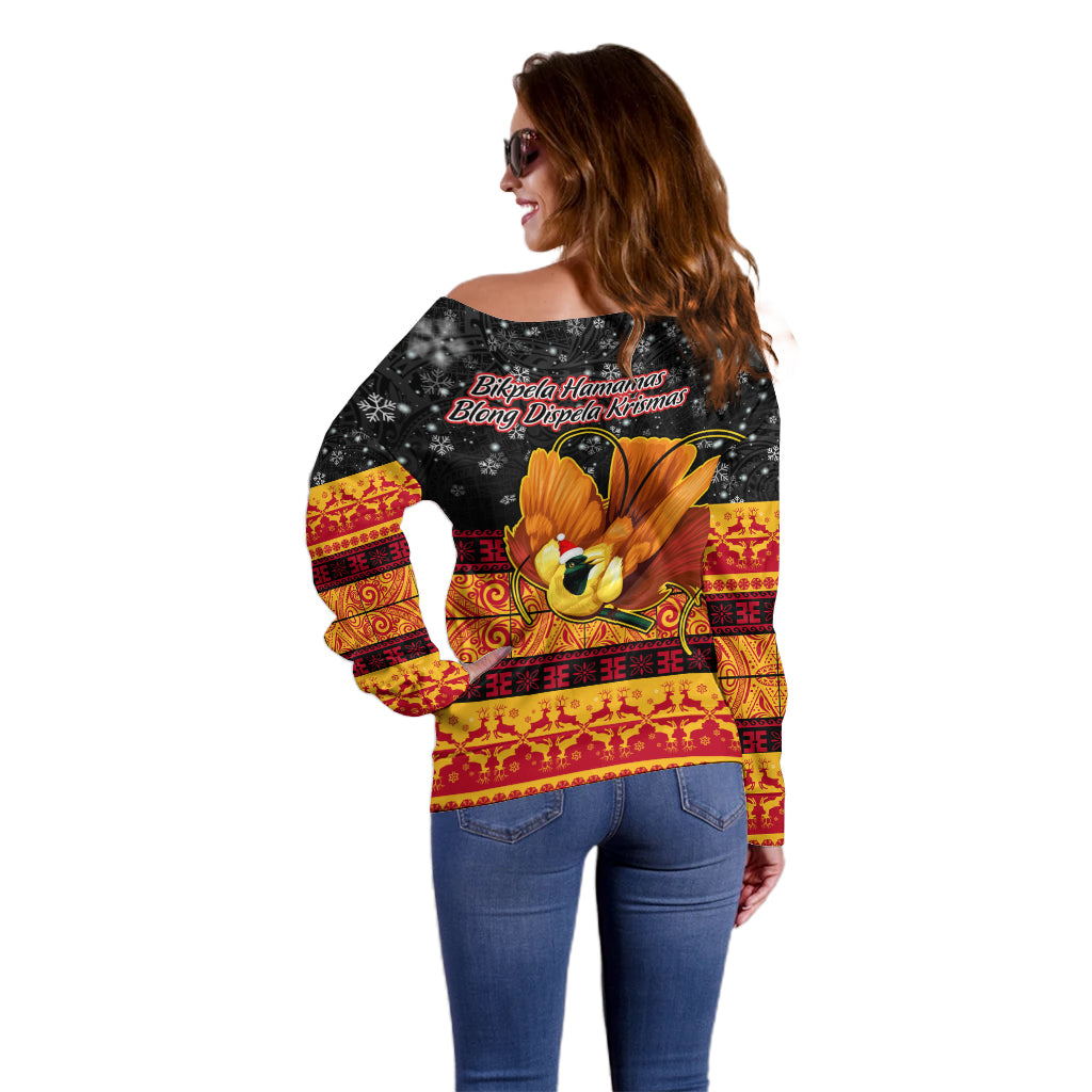 PNG Hamamas Krismas Off Shoulder Sweater Papua New Guinea Bird Of Paradise Merry Christmas Black Style LT9 - Polynesian Pride