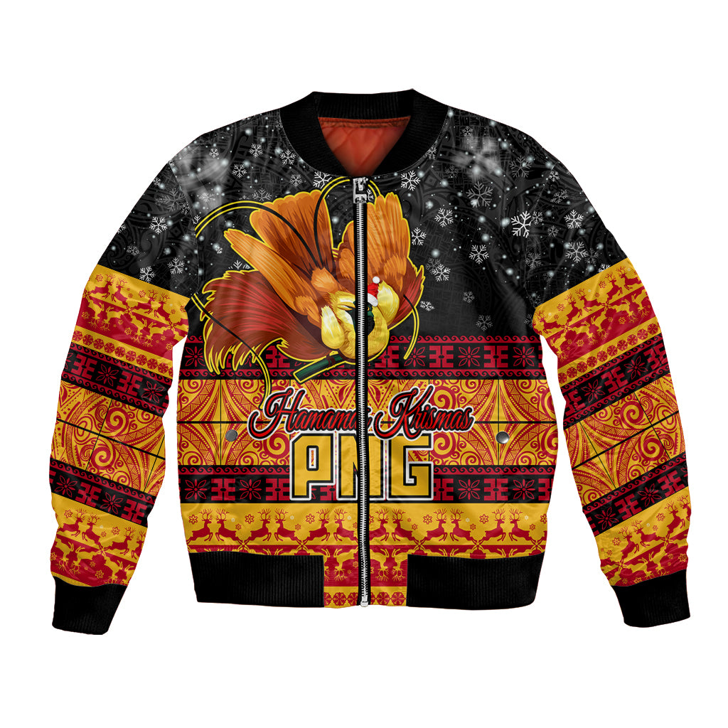 Personalised PNG Hamamas Krismas Bomber Jacket Papua New Guinea Bird Of Paradise Merry Christmas Black Style LT9 Unisex Black - Polynesian Pride